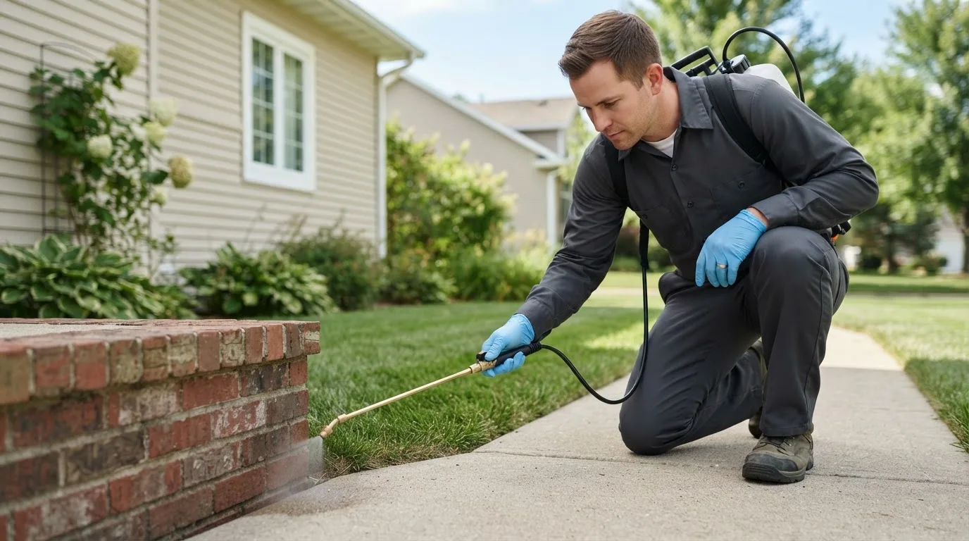 Pest control technician treating a home near Presque Isle, ME